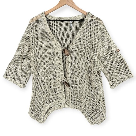 Lulu B V-Neck Open Knit Cardigan Women’s M Beige Sheer Big Button Boho Beach - Picture 1 of 7
